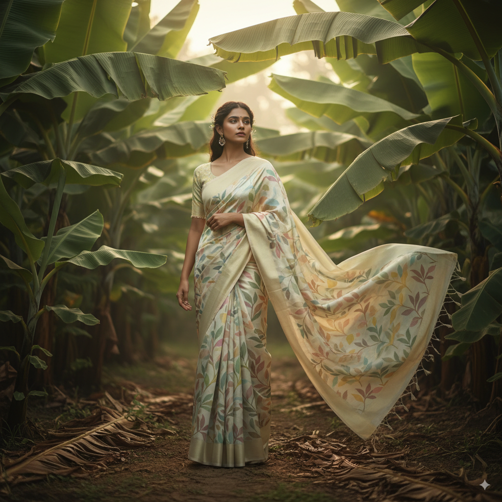 Eco-inspired Nano Banana Saree made of soft banana silk with nanotech patterns resembling leaves, flowing gracefully in the wind, model in a tropical banana plantation, dreamy pastel tones.